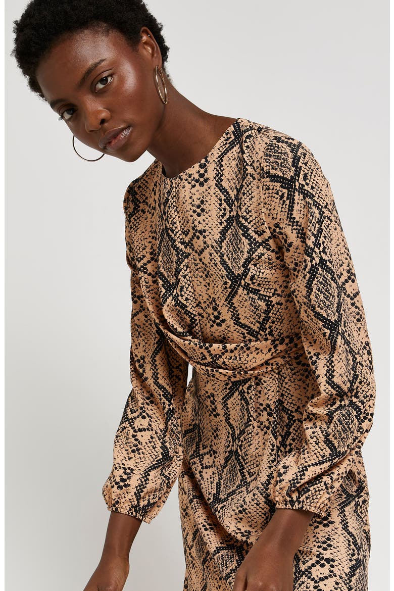 Long Sleeve Faux Wrap Midi Dress, Alternate, color, BROWN