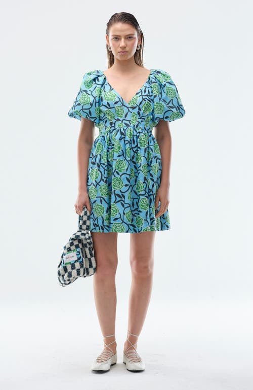 De Loreta Tati Puff Sleeve Cotton A-line Minidress In Blue