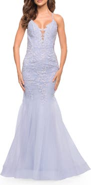 La Femme Mermaid Tulle and Lace Jeweled Prom Dress