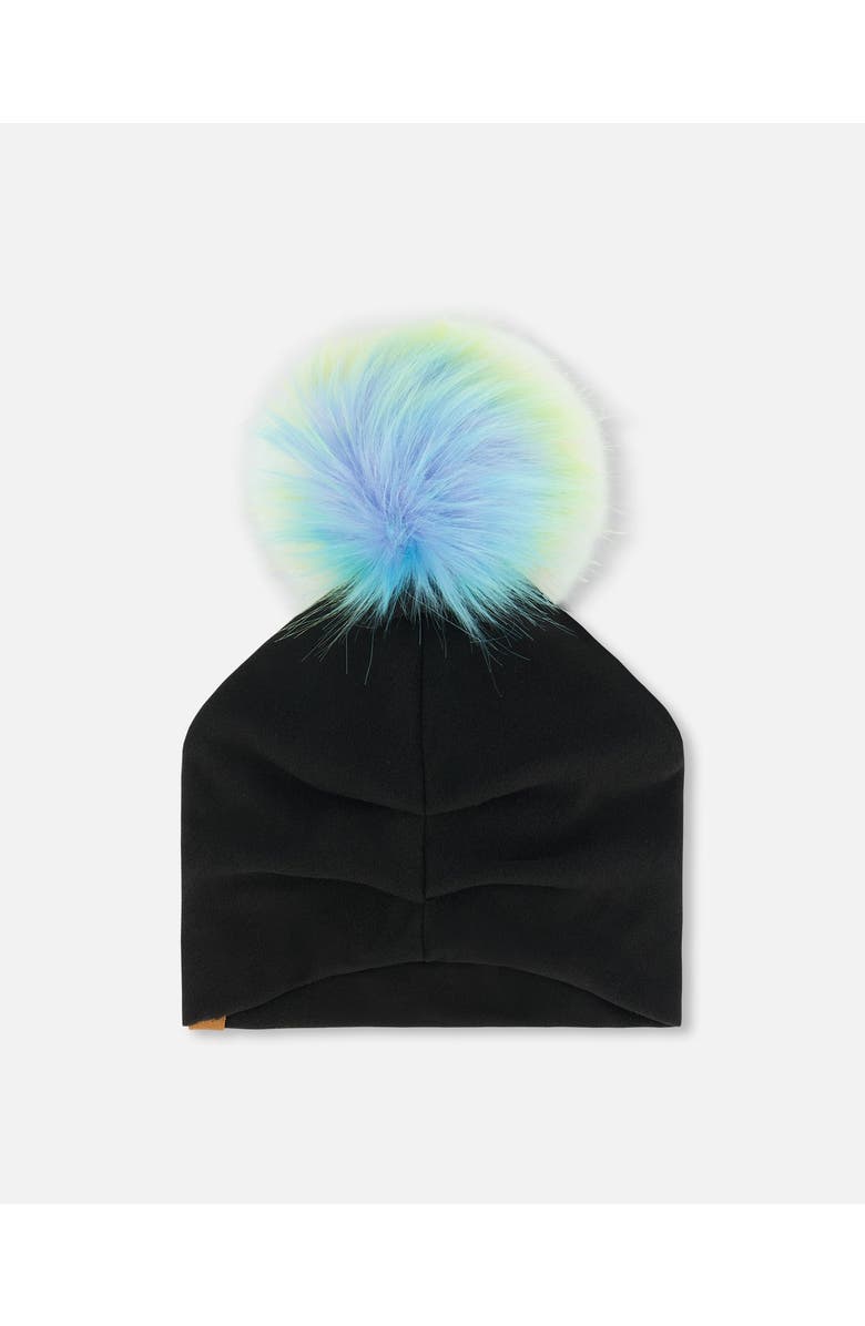 Deux par Deux Girl's Black Solid Jersey Detachable Multicolored Pompom Hat, Alternate, color,
