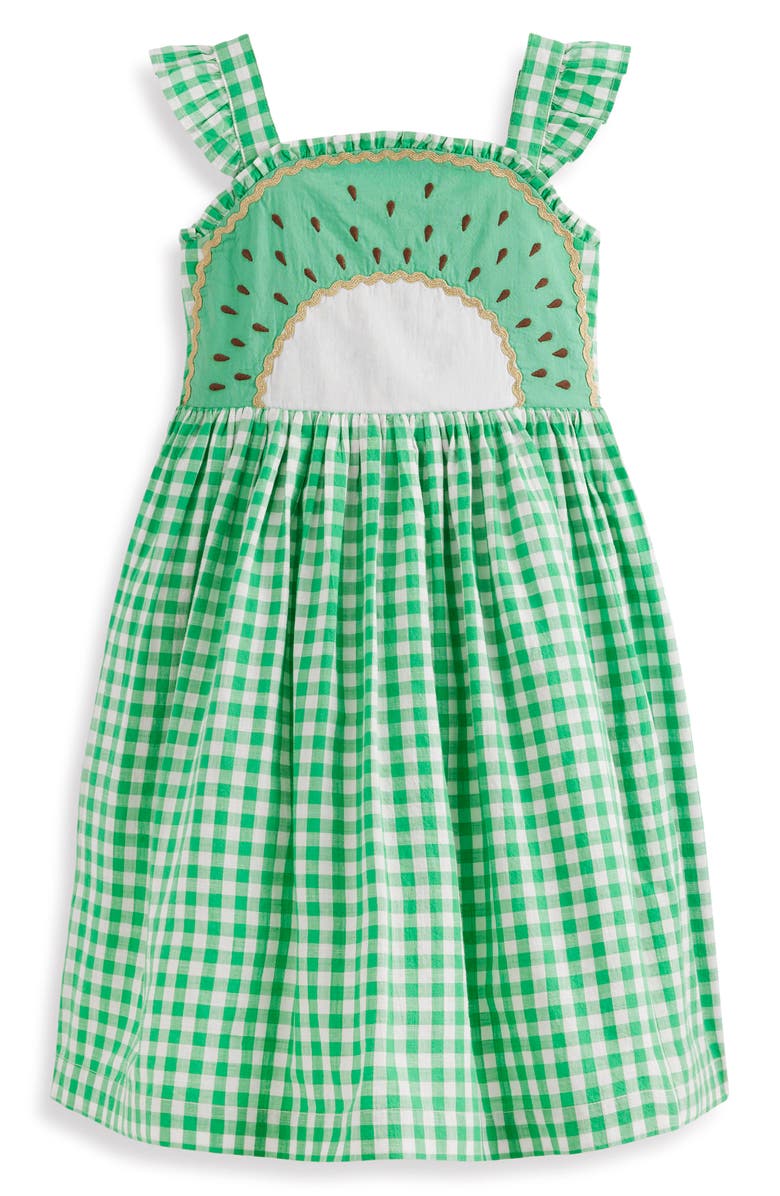 Mini Boden Kids' Novelty Fruit Strappy Gingham Dress, Main, color, Kiwi