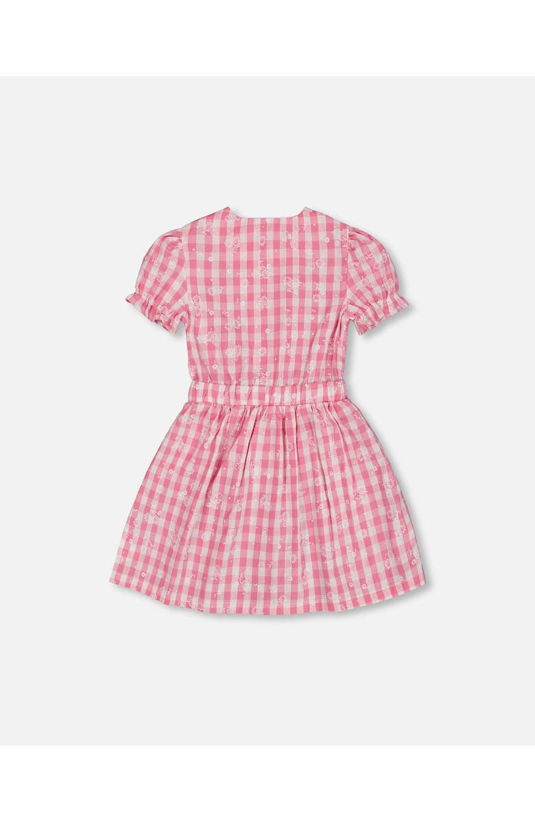 Deux par Deux Girl's Puff Sleeve Dress With Waist Tie Pink And White Checks, Alternate, color, Pink And White Checks