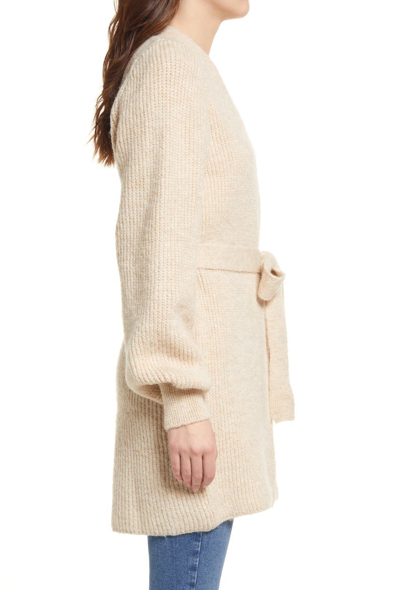 Belted Blouson Sleeve Cardigan, Alternate, color, STONE