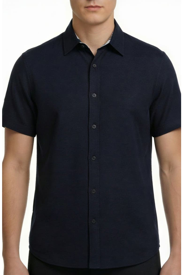 Short Sleeve Linen & Cotton Blend Button-Up Shirt, Main, color, NAVY