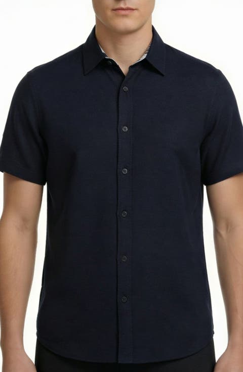 Short Sleeve Linen & Cotton Blend Button-Up Shirt