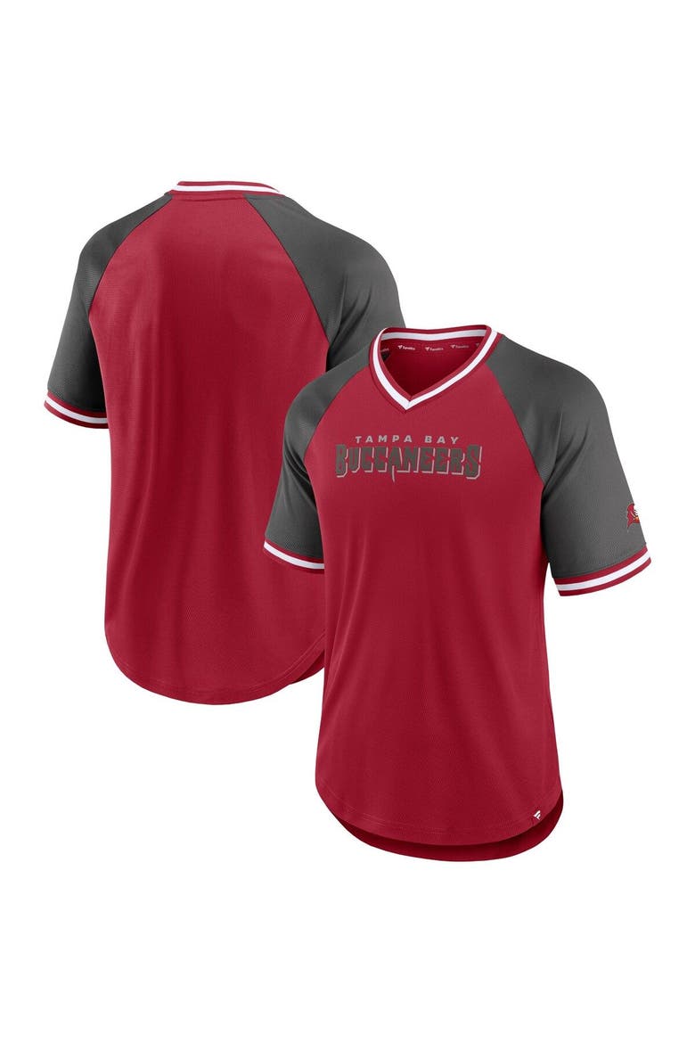 Men's Fanatics Branded Red/Pewter Tampa Bay Buccaneers Second Wind Raglan V-Neck T-Shirt, Main, color, Red