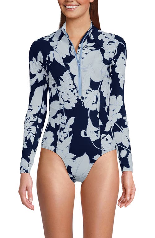 Lands' End Chlorine Resistant Zip Front Long Sleeve Tugless Sporty One Piece Swimsuit In Deep Sea Navy/white Lilies