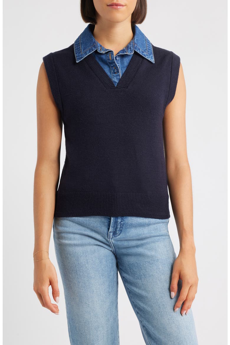 Mixed Media Sweater Vest, Main, color, NAVY/ BLUE