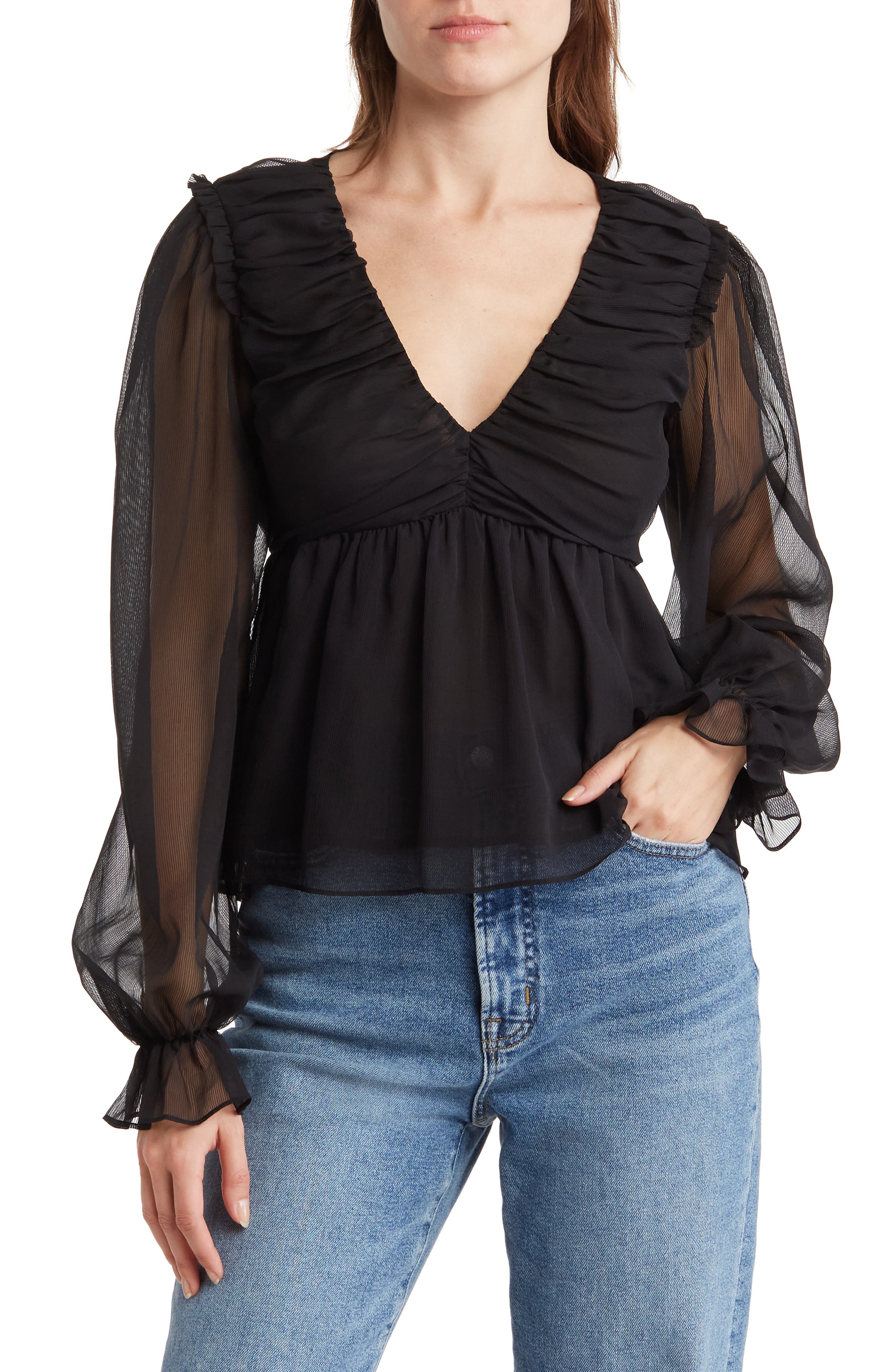 Blu Pepper V-Neck Long Sleeve Sheer Top (Women) | Nordstromrack