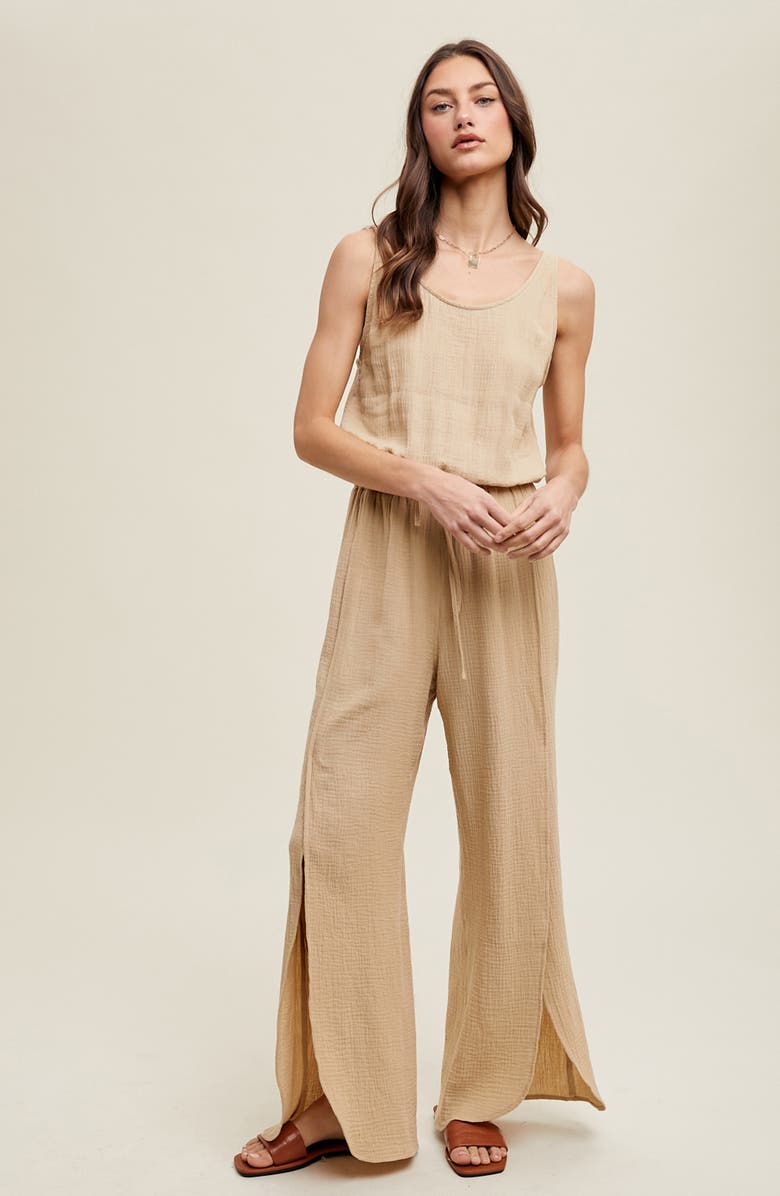 WISHLIST Cotton Gauze Slit Wide Leg Jumpsuit, Alternate, color, Natural