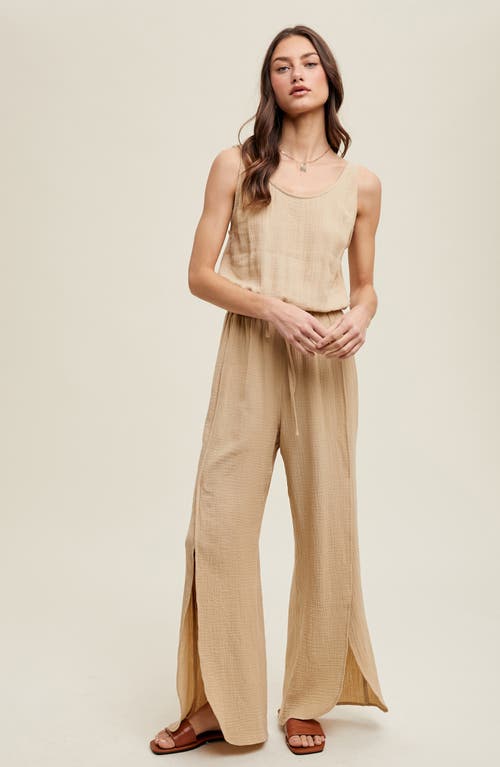 Wishlist Cotton Gauze Slit Wide Leg Jumpsuit In Neutral