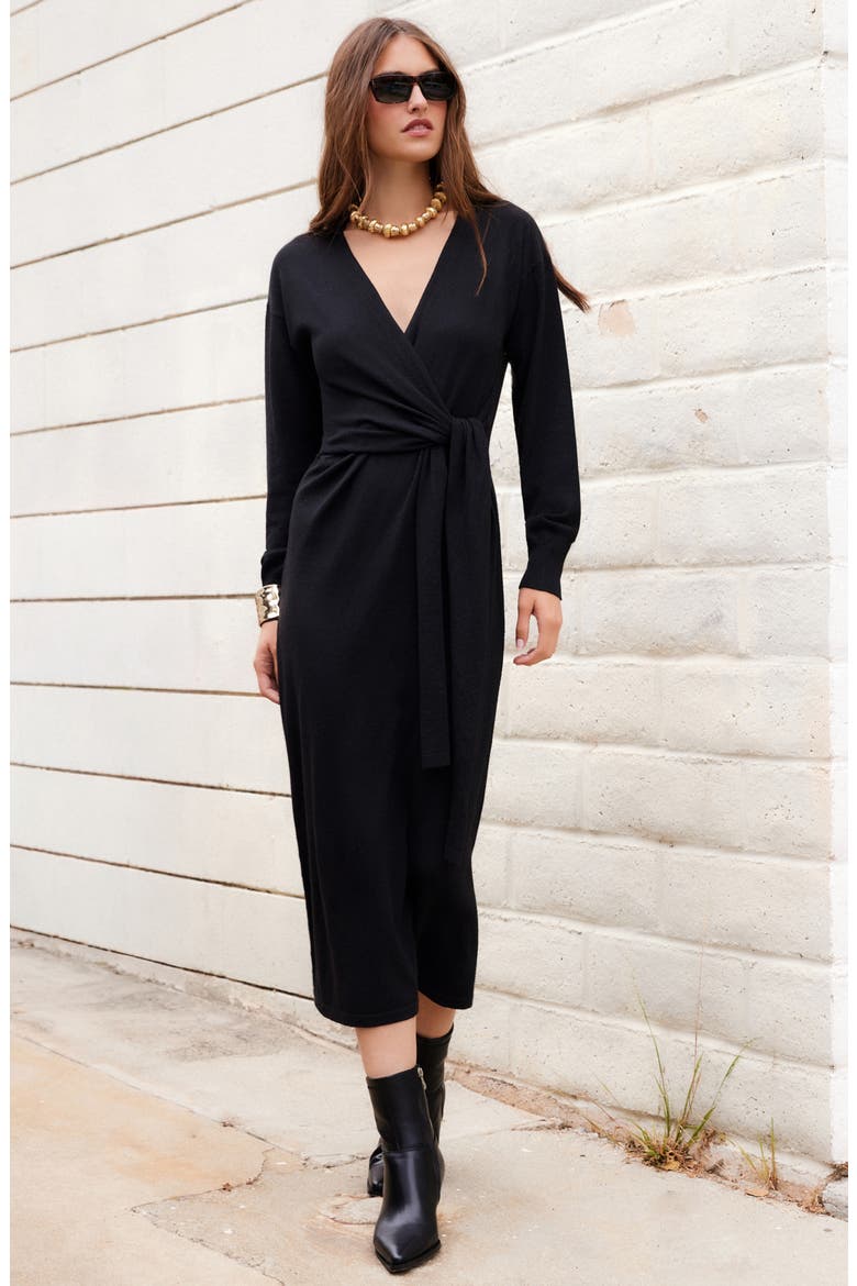 Raya Wrap Midi Sweater Dress, Alternate, color, BLACK