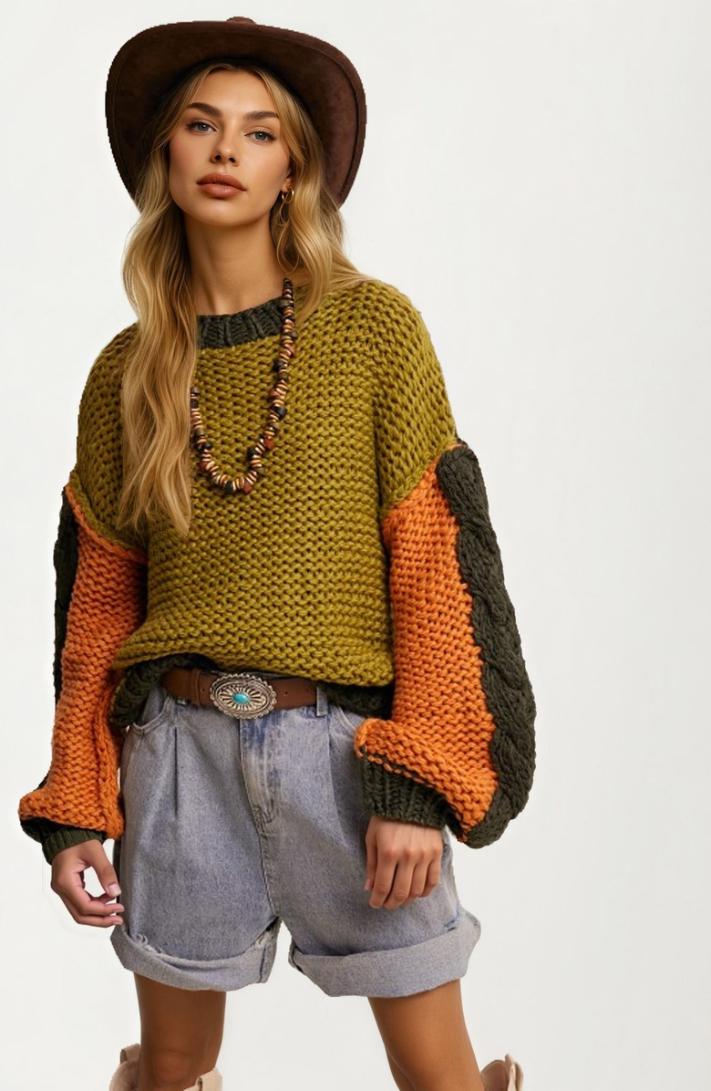Knit and Lounge Chunky Knit Pullover Sweater, Alternate, color, Olive / Orange / Dark Green