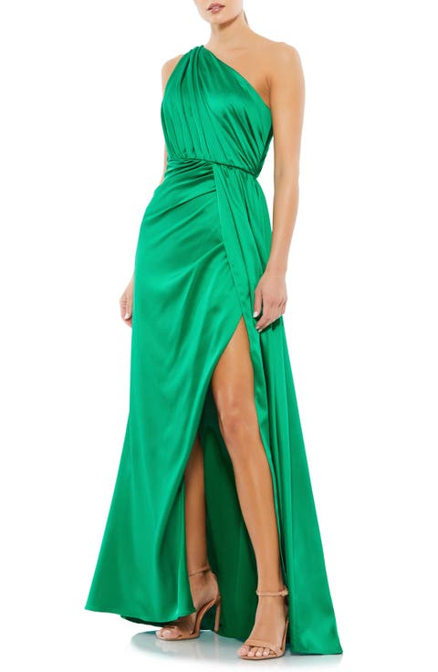 Gathered One Shoulder Satin Faux Wrap Gown