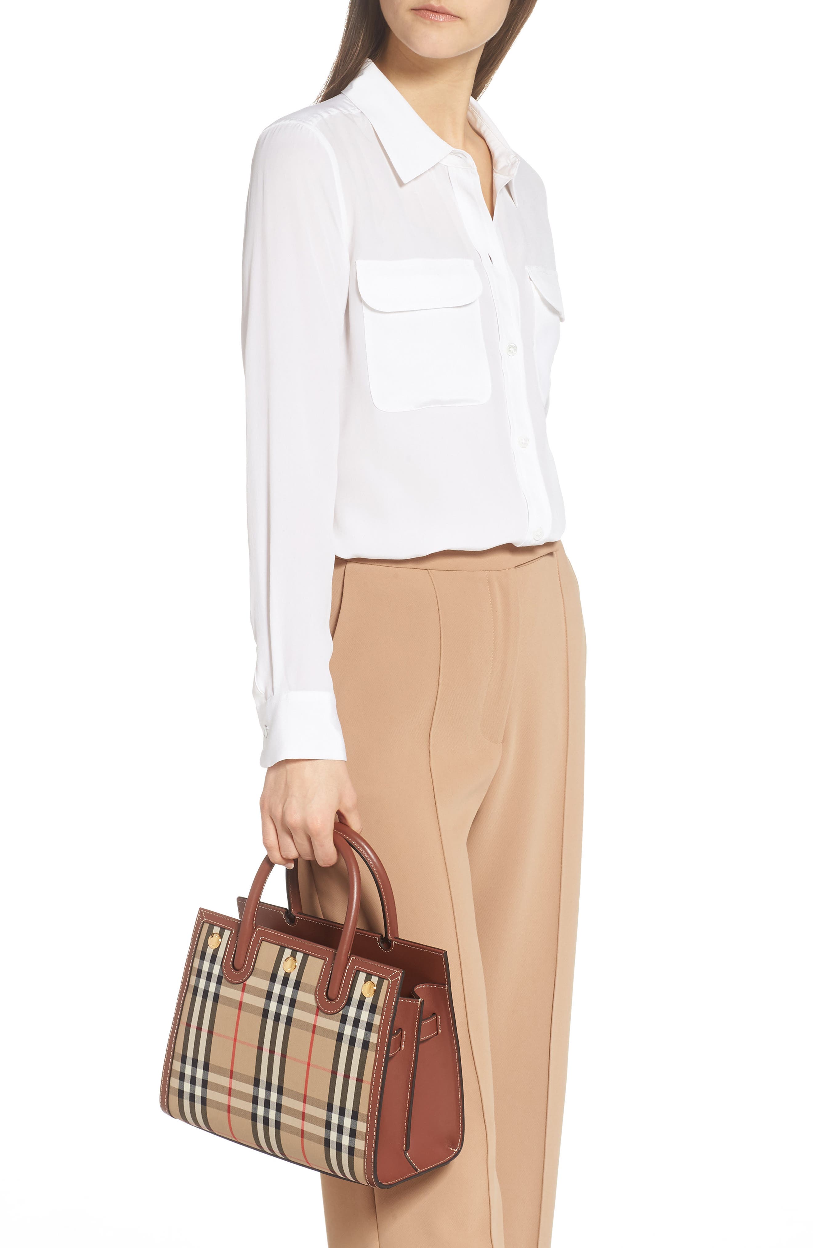 Burberry Mini Title Vintage Check Double Handle Leather & Canvas Bag, Alternate, color, 