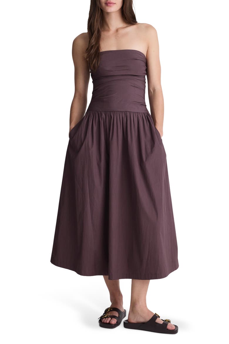 Strapless Ruched Poplin Midi Dress, Main, color, CHOCOLATE PLUM