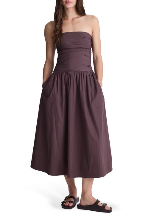Strapless Ruched Poplin Midi Dress