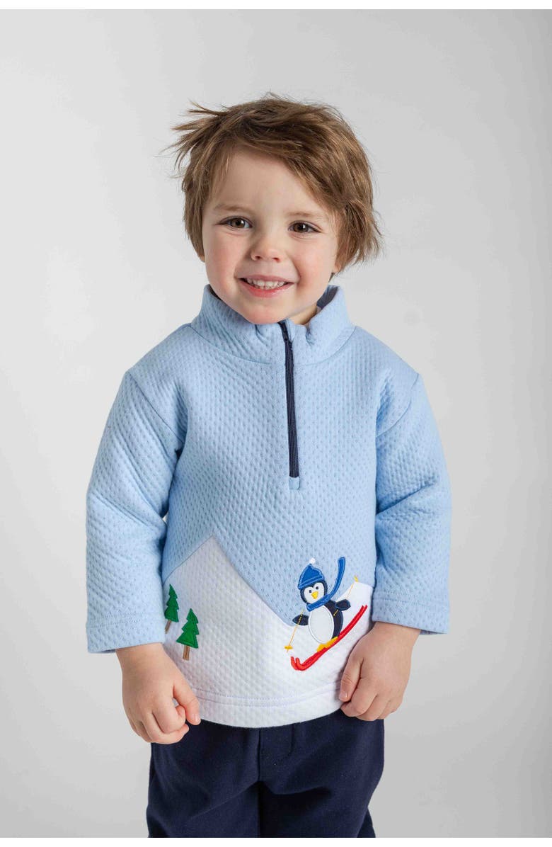 Florence Eiseman Jacquard Knit Half Zip With Skiing Penguin, Alternate, color, Light Blue, White