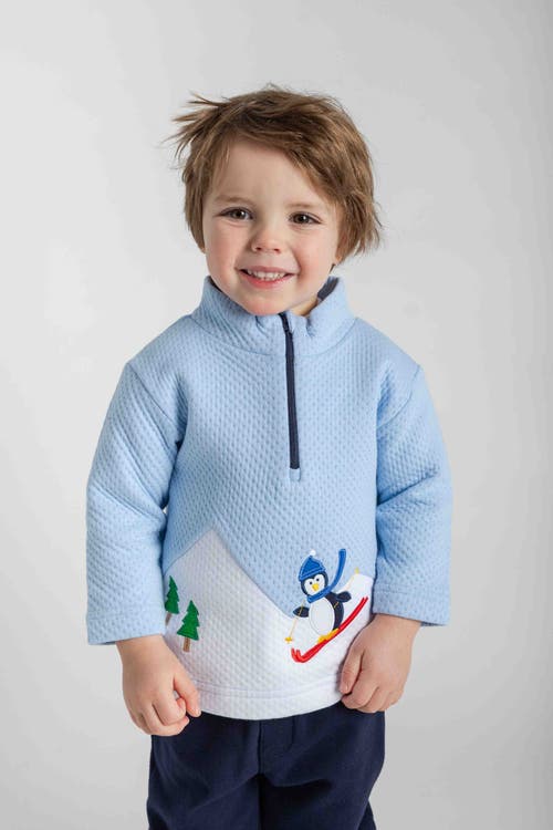 Florence Eiseman Jacquard Knit Half Zip With Skiing Penguin In Blue