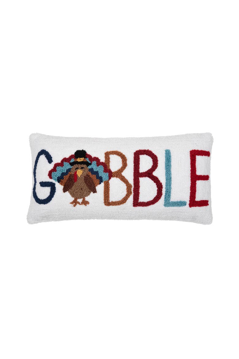 Thanksgiving "Gobble" Turkey Accent Hooked Throw Pillow, 12" x 24", Main, color, Orange