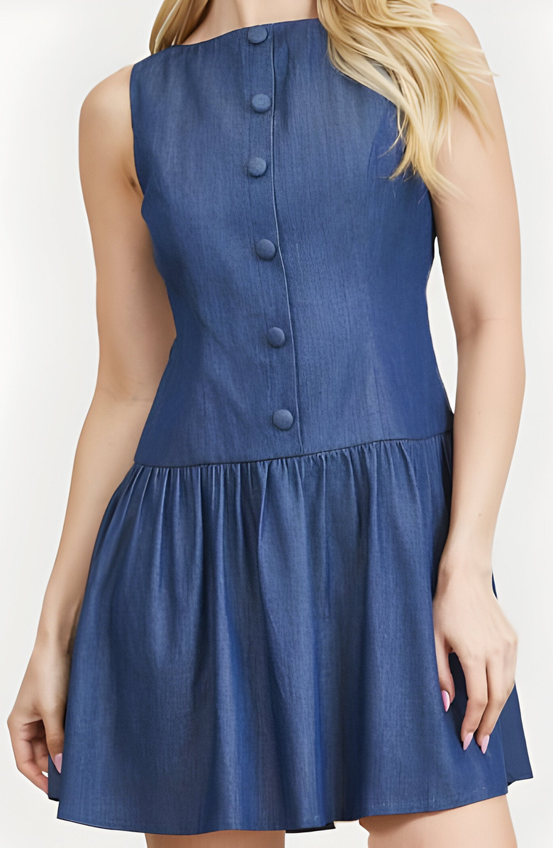 Modenaire Sleeveless Denim Mini Dress with Covered Buttons, Open Back, and Flared Skirt, Alternate, color, 