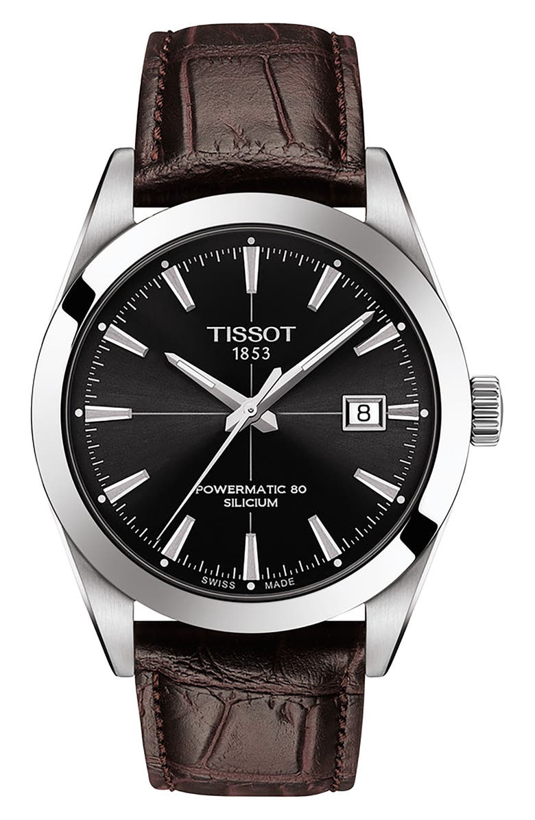 Tissot Powermatic 80 Leather Strap Watch, 40mm, Main, color, Black
