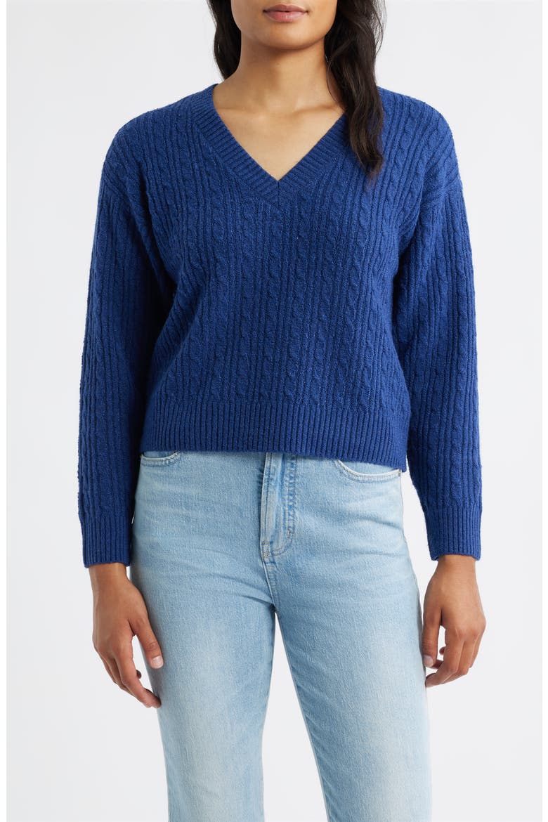 Cable V-Neck Sweater, Main, color, TWILIGHT