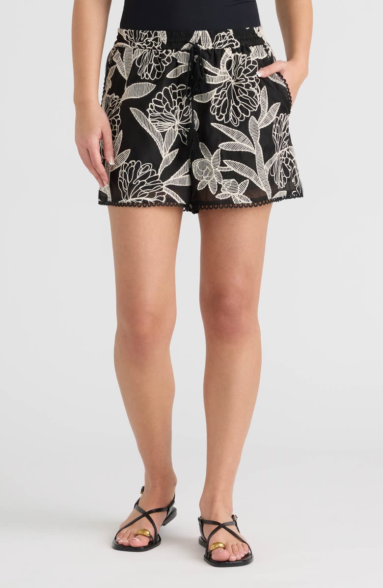 NVLT Embroidered Georgette Shorts, Main, color, Black/ Cream