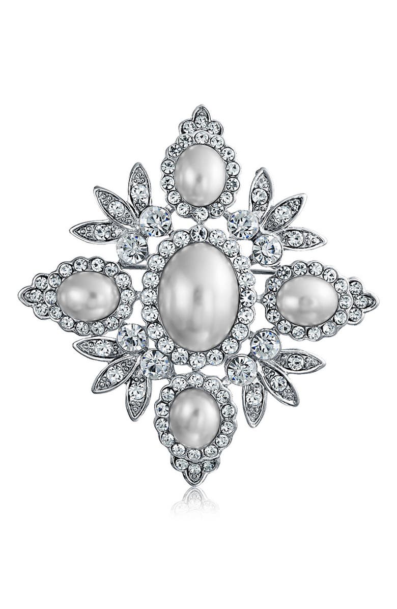 BLING JEWELRY Bridal Crystal White Imitation Pearl Large Leaf Flower Brooch, Main, color,