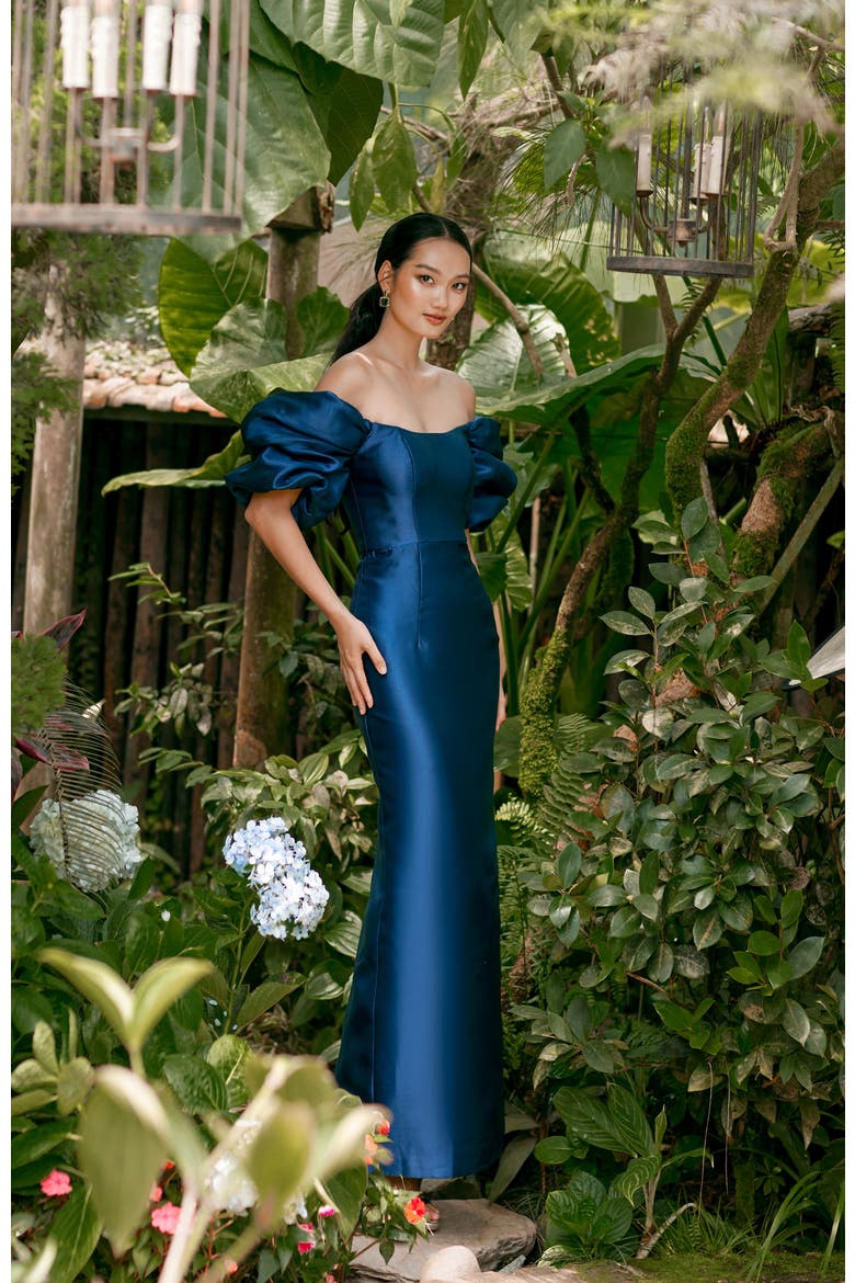 Meredith Puff Sleeves Scooped Gown, Alternate, color, NAVY