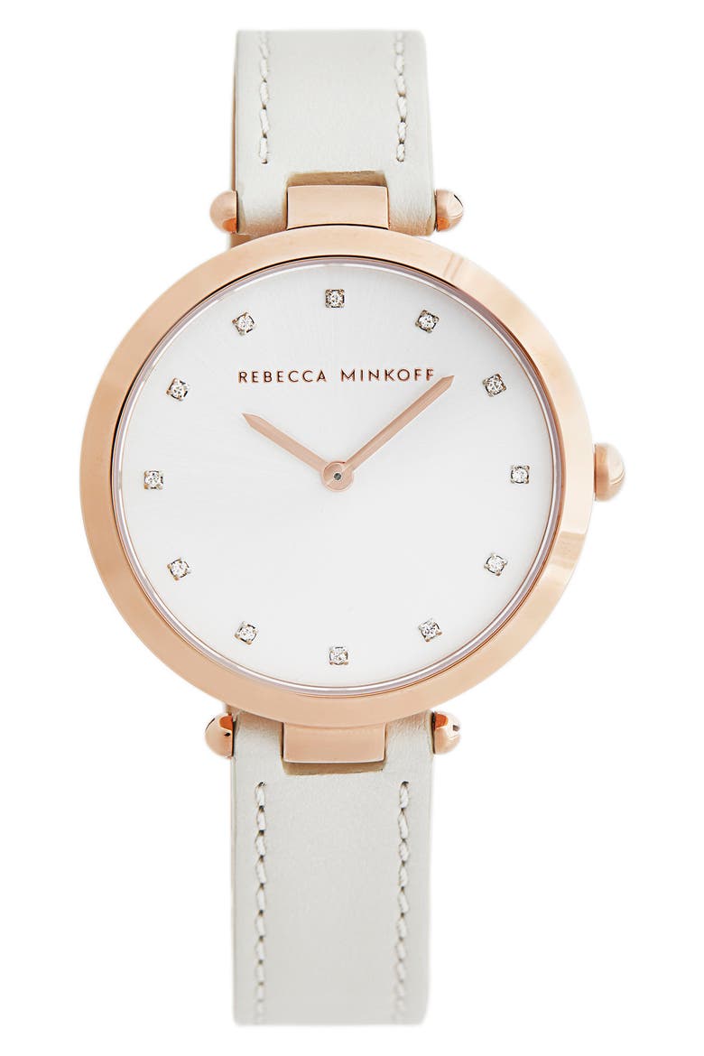 Nina Leather Strap Watch, 33mm, Main, color, WHITE/ SILVER/ ROSE GOLD