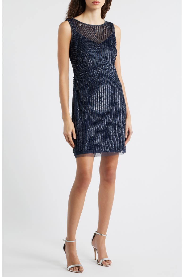 Beaded Sleeveless Cocktail Dress, Main, color, NAVY