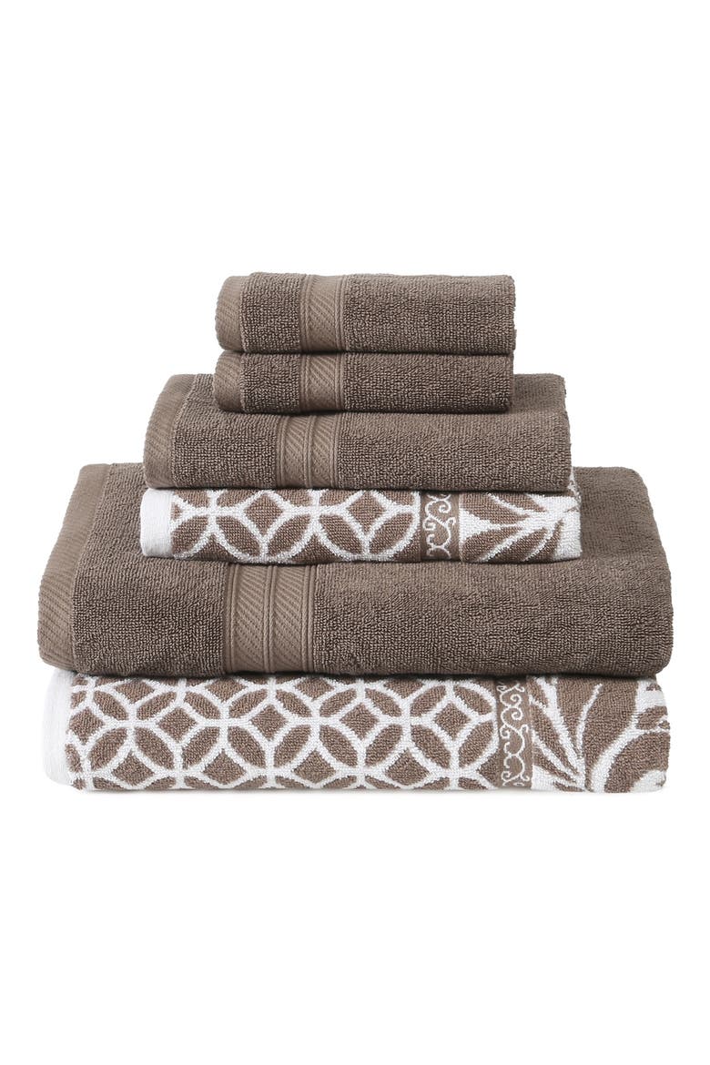 Trefoil Filigree Reversible Yarn-Dyed Jacquard 6-Piece Towel Set, Main, color, MOCHA