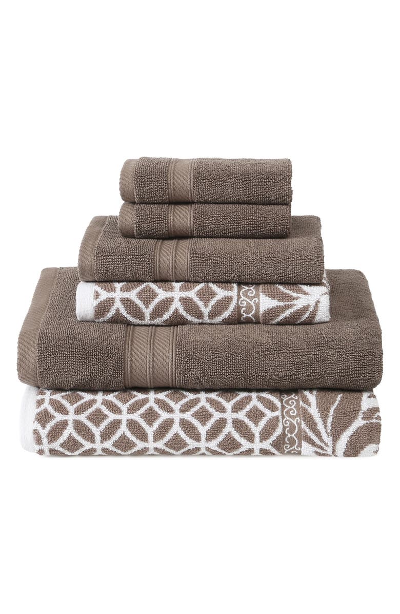 Modern Threads Trefoil Filigree Reversible Yarn-Dyed Jacquard 6-Piece Towel Set, Main, color, Mocha