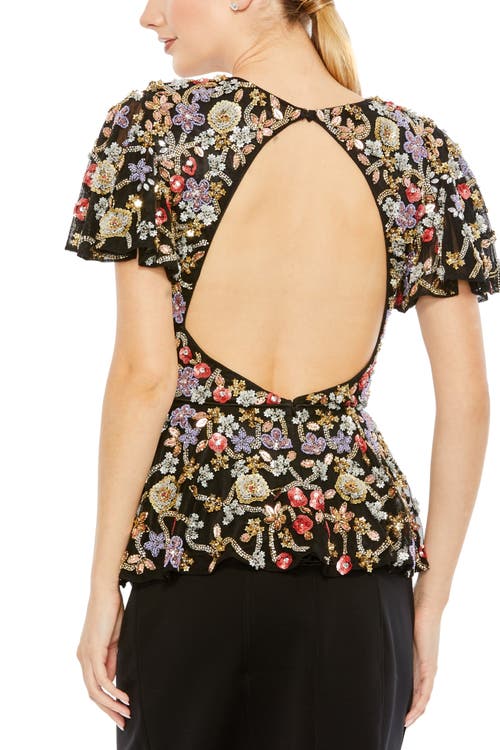 Mac Duggal Floral Embellished Butterfly Sleeve Top In Black Multi
