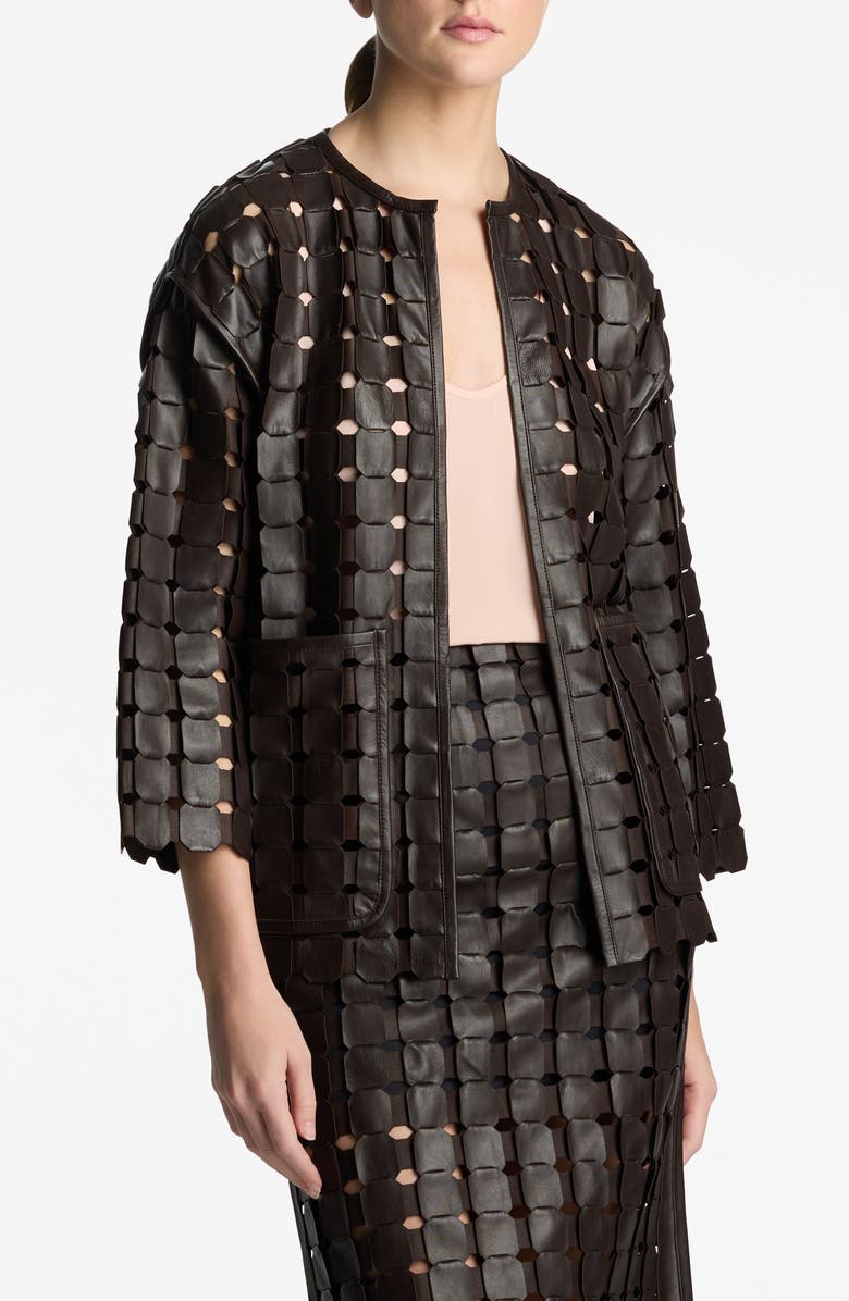 St. John Collection Geometric Woven Leather Jacket, Main, color, 