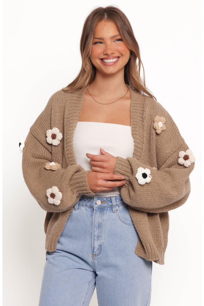 Delaro Flower Cardigan, Alternate, color, BROWN