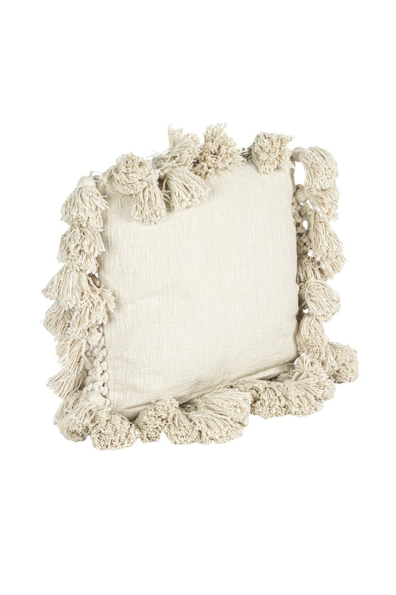 Cotton Slub Pillow with Crochet and Tassels, Cream, Main, color, Cream