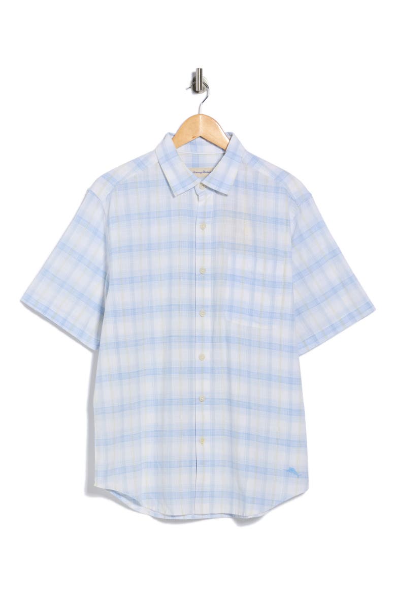 Cool Caribbean Plaid Short Sleeve Button-Up Shirt, Alternate, color, CLEAR SKY BLUE