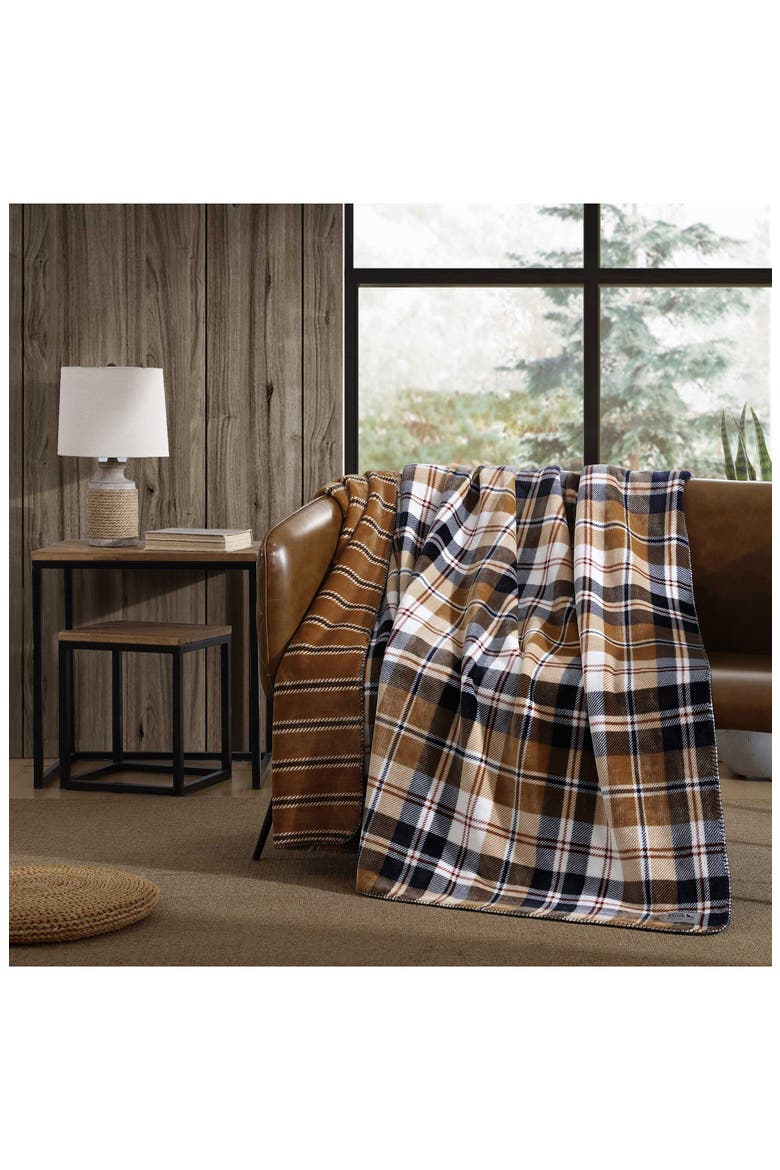 Trailhead Plaid Reversible Fleece Blanket, Alternate, color, DARK BEIGE