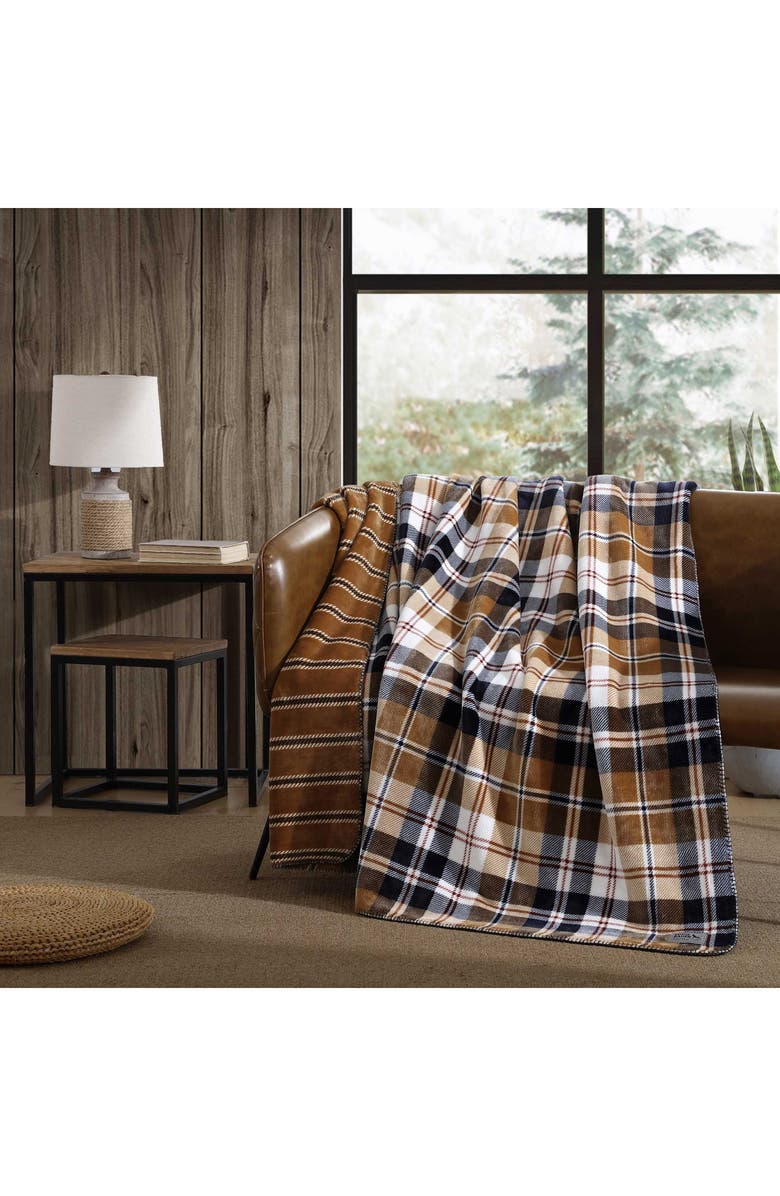 Eddie Bauer Trailhead Plaid Reversible Fleece Blanket, Alternate, color, Dark Beige