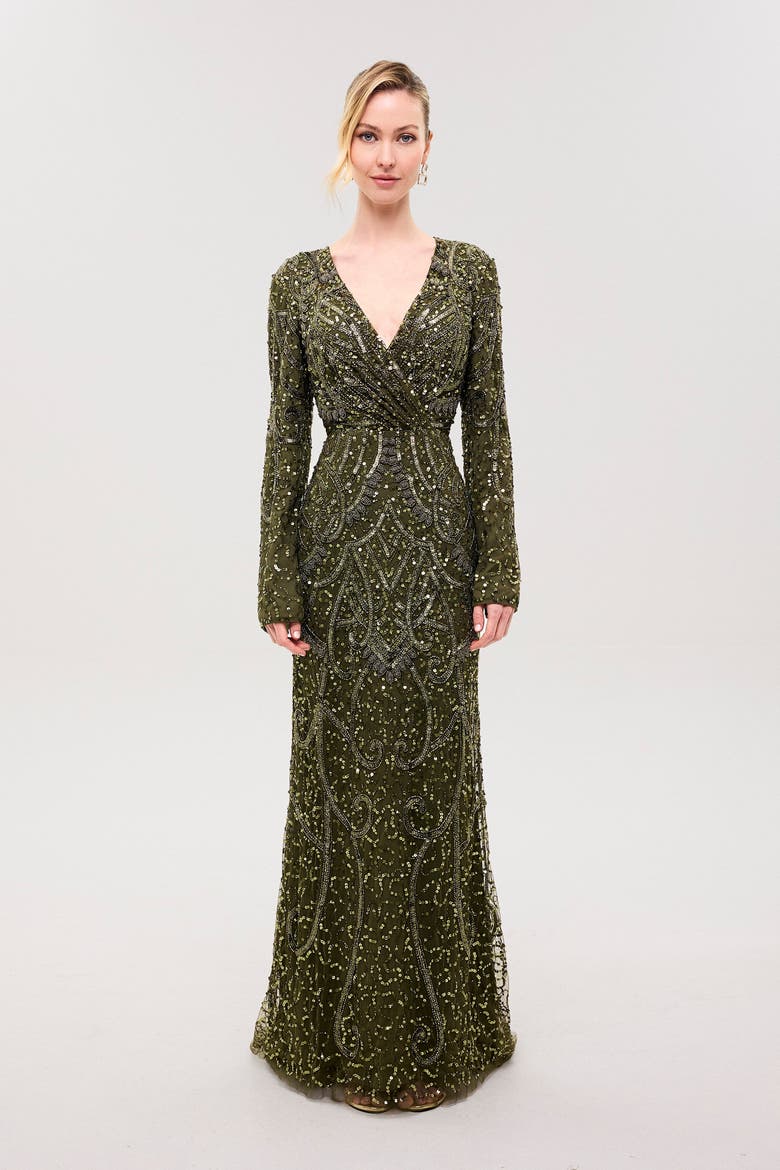 Embellished Sequin Abstract Gown, Main, color, Olive