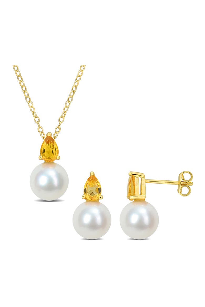 Citrine & Freshwater Pearl Stud Earrings & Pendant Necklace Set, Main, color, YELLOW