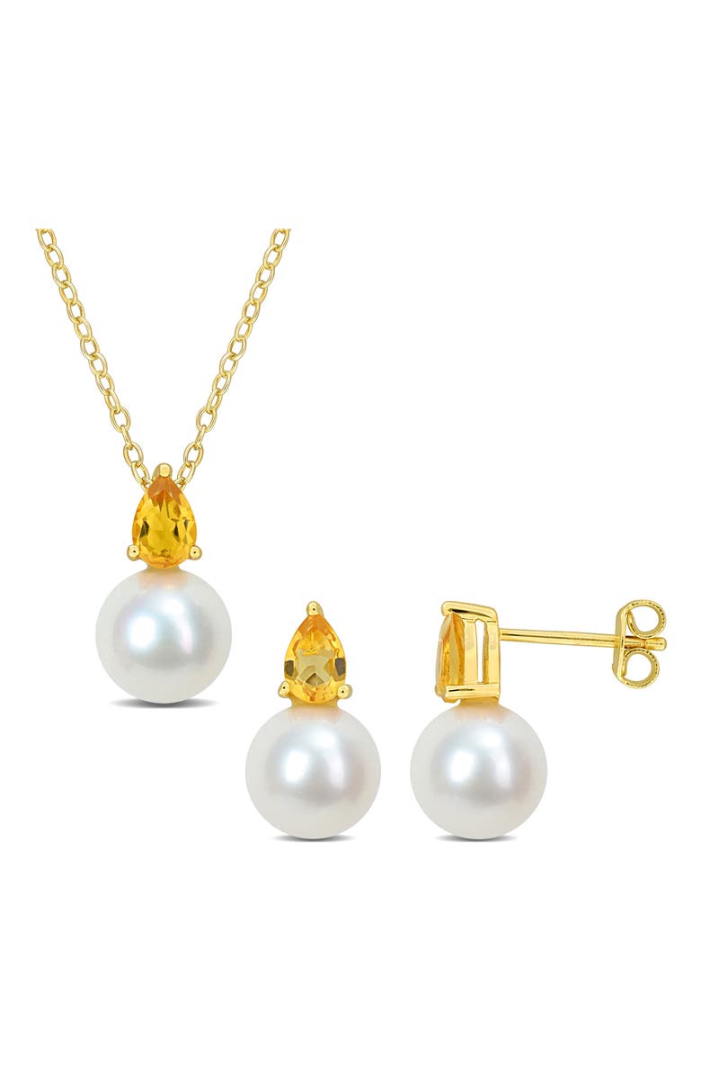 DELMAR Citrine & Freshwater Pearl Stud Earrings & Pendant Necklace Set, Main, color, Yellow