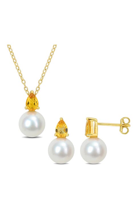 Citrine & Freshwater Pearl Stud Earrings & Pendant Necklace Set