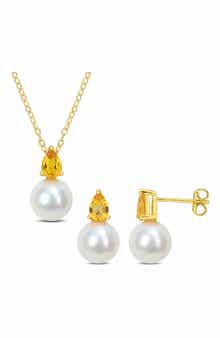 DELMAR Citrine & Freshwater Pearl Stud Earrings & Pendant Necklace Set