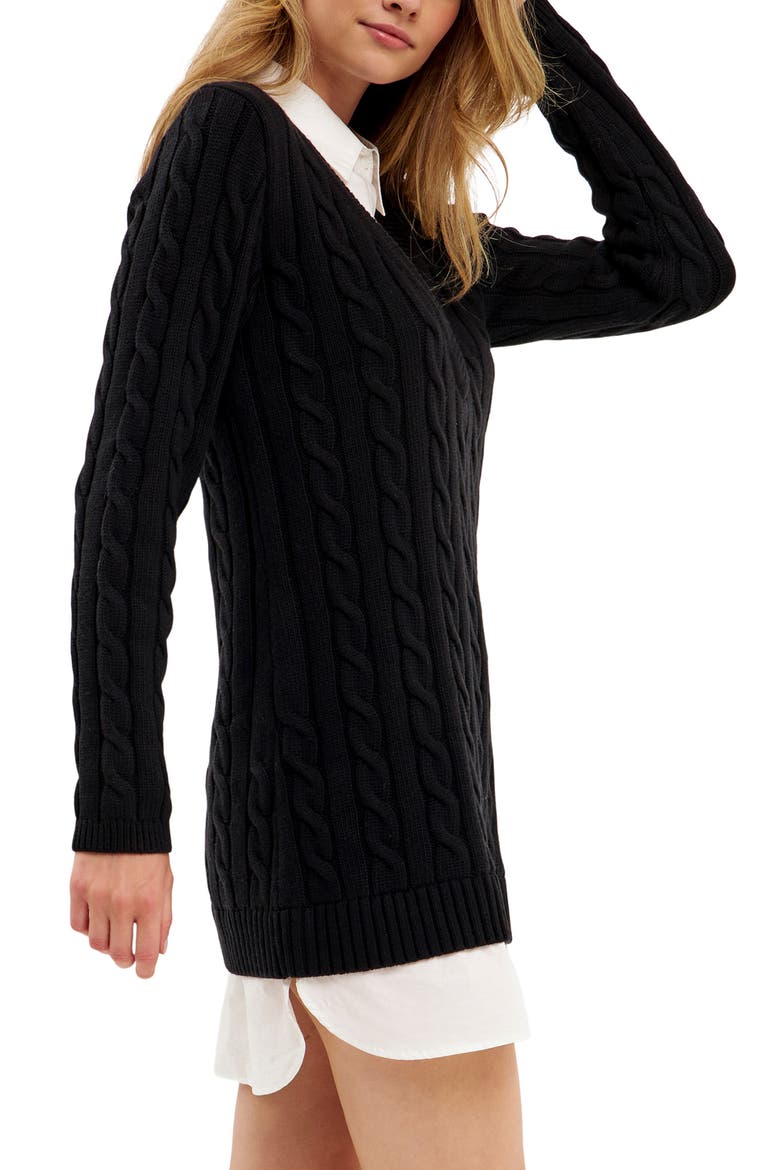 Mixed Media Cable Stitch Long Sleeve Sweater Dress, Alternate, color, BLACK