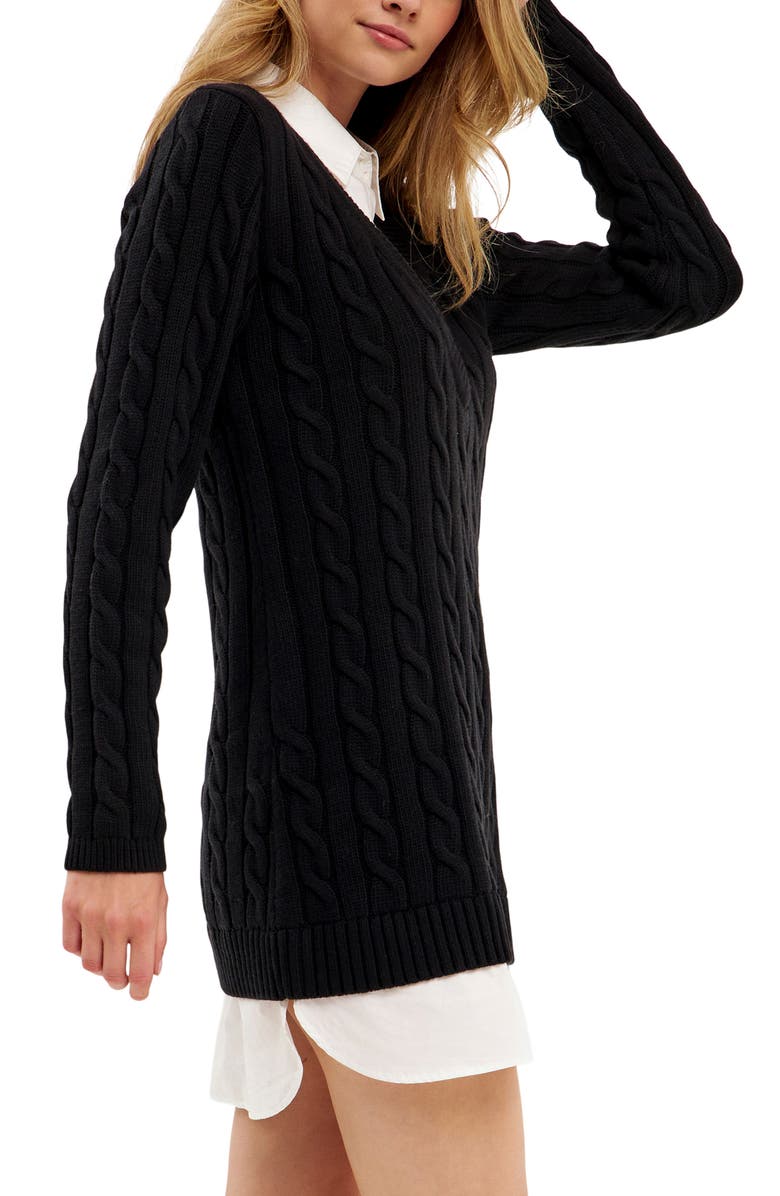 English Factory Mixed Media Cable Stitch Long Sleeve Sweater Dress, Alternate, color, Black