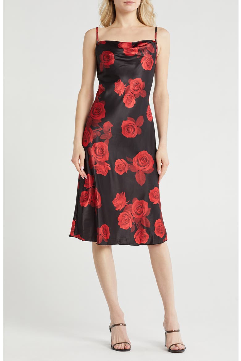 Printed Satin Bias Midi Dress, Main, color, BLACK ROSE