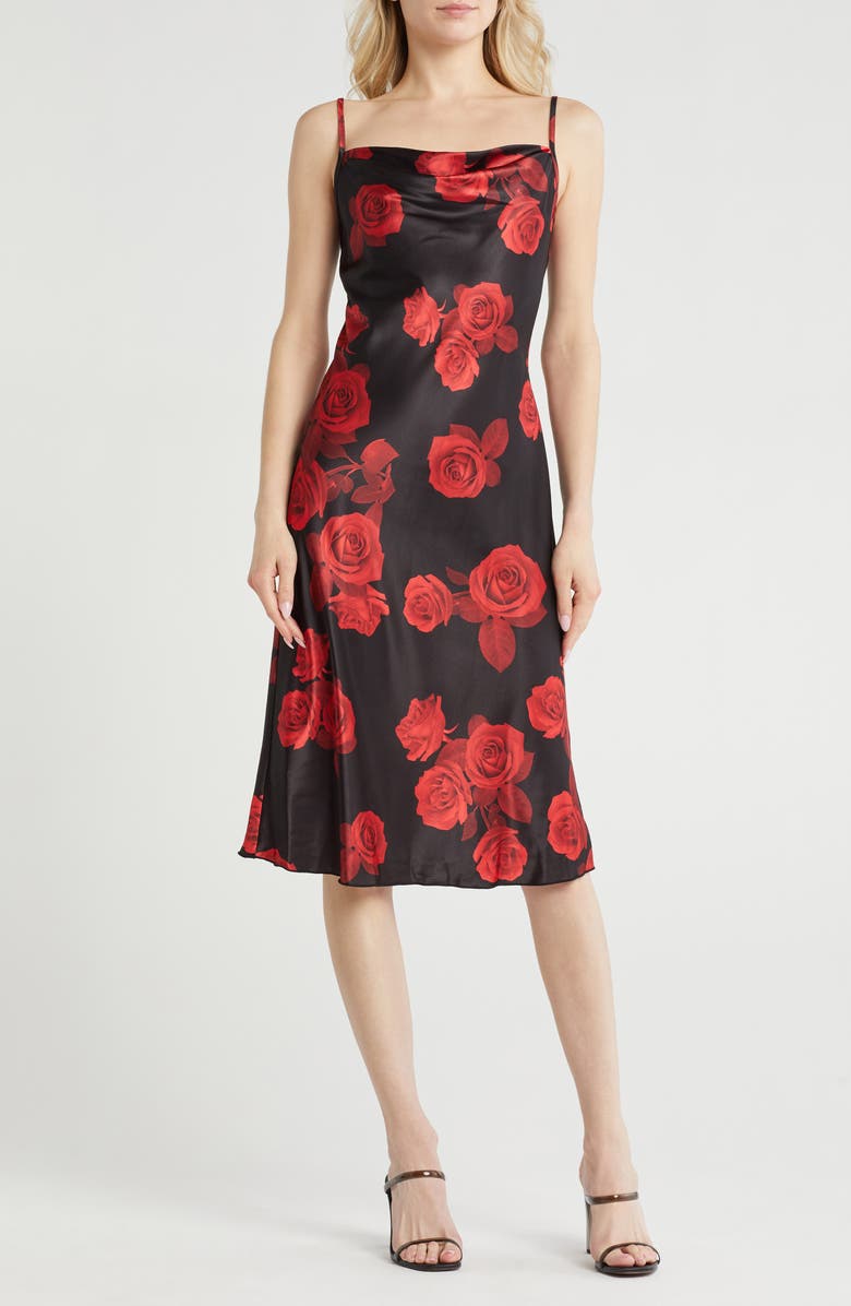 bebe Printed Satin Bias Midi Dress, Main, color, Black Rose